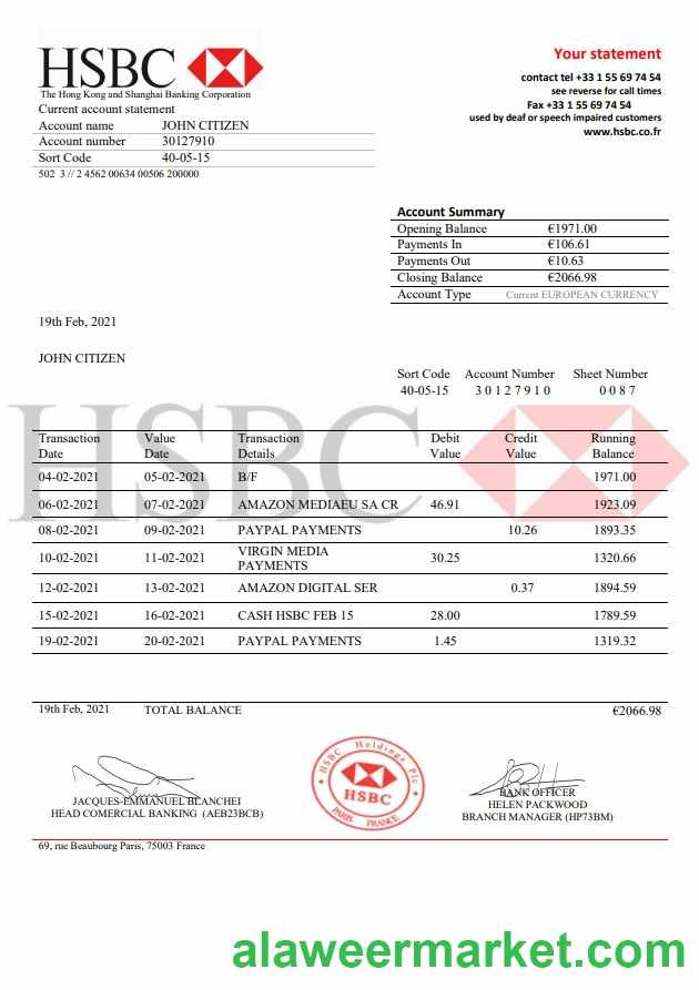 France HSBC bank statement template in .doc and .pdf format